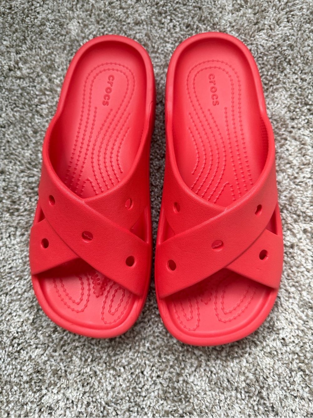 CROCS Women's Red Croslite Crisscross Slide Sandals - Picture 2 of 4